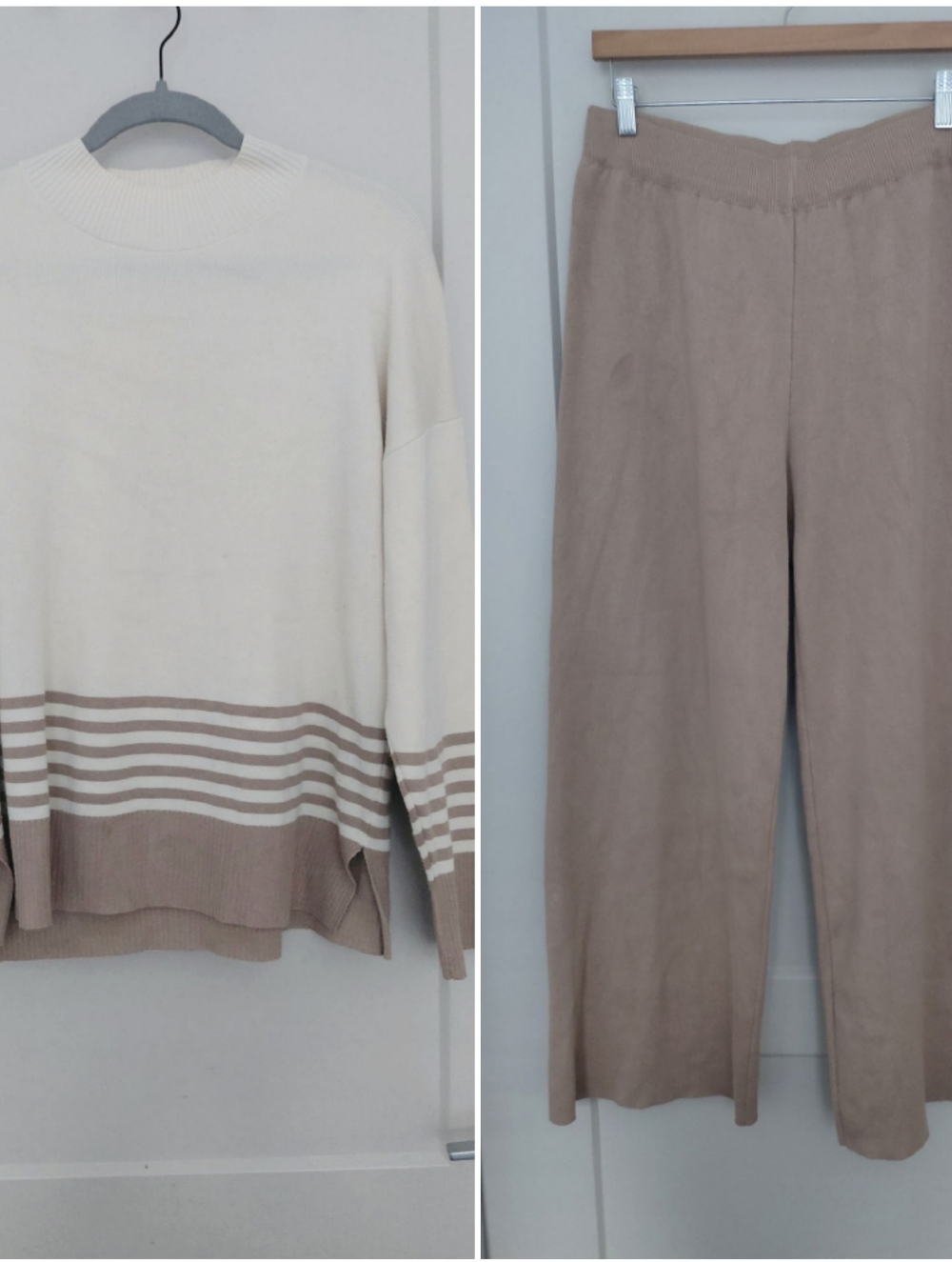 Cream and Taupe Women's Knit Pants & Sweater Set